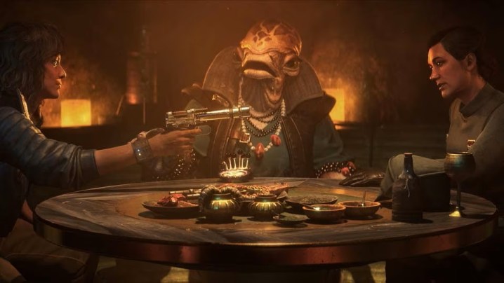 Um personagem aponta uma arma para os outros enquanto joga em um bar no trailer de Star Wars Outlaws.