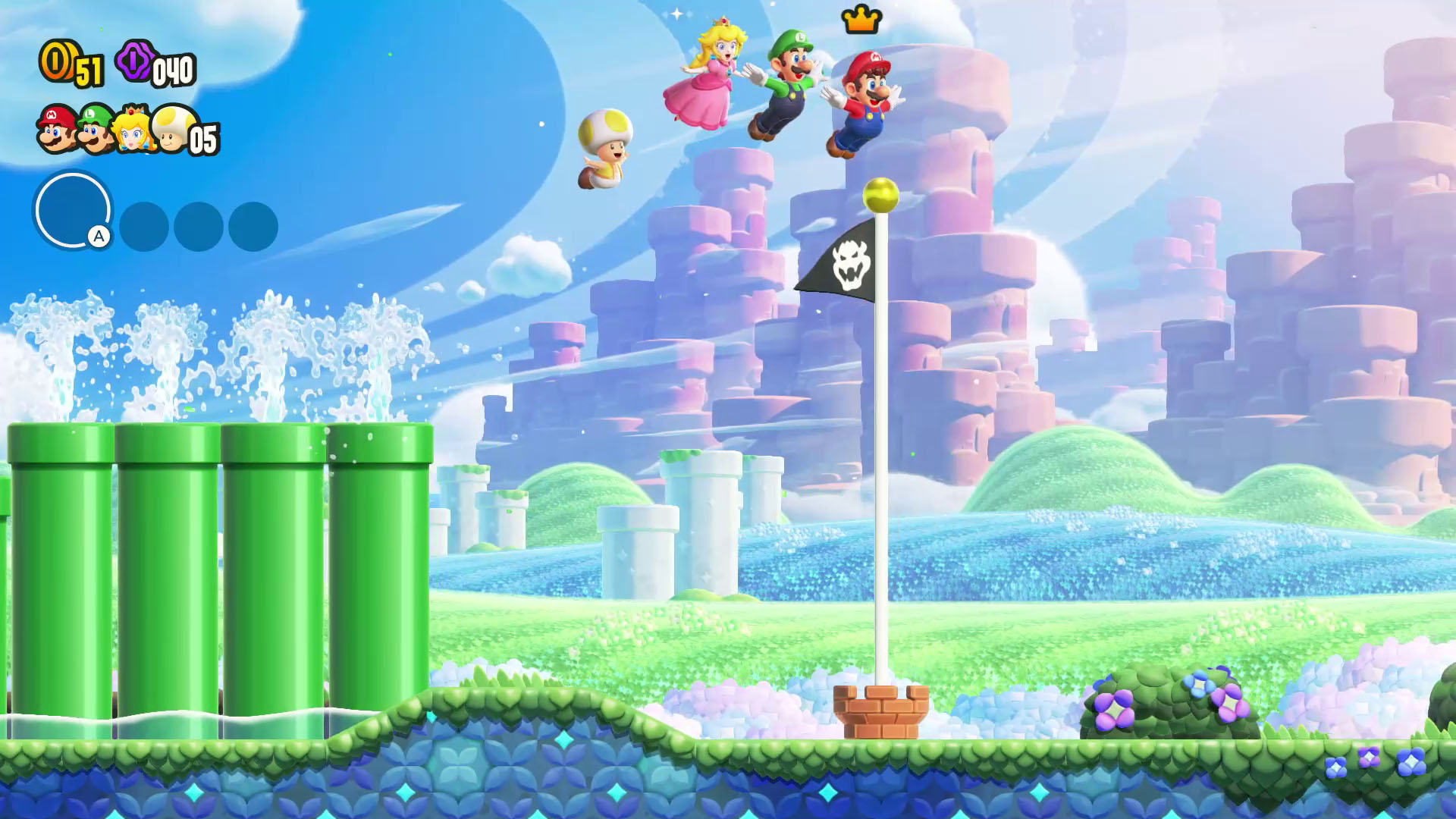Pulando para a bandeira em Super Mario Bros Wonder