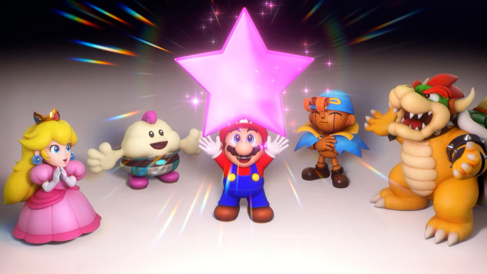Mário.  Peach, Mallow, Bowser e Geno encontram uma das Sete Estrelas em Super Mario RPG.