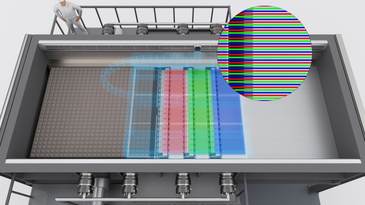 A rendering of UDC's OVJP system for printing RGB OLED panels.