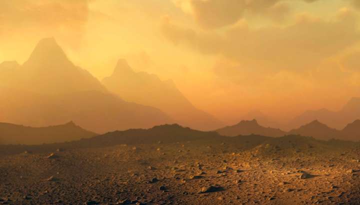 uma renderização da superfície e atmosfera de Vênus