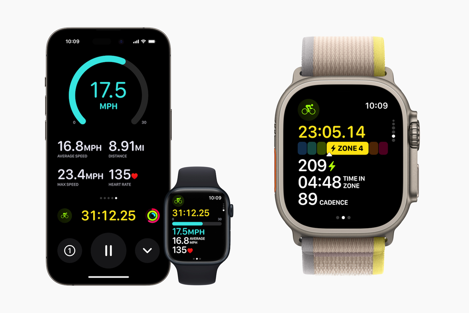 Capturas de tela mostrando os novos dados e modos de ciclismo no WatchOS 10.