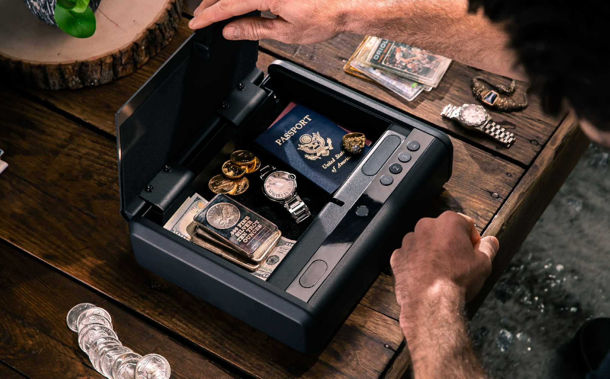 The Wyze Gun Safe with a passport and other valuables.