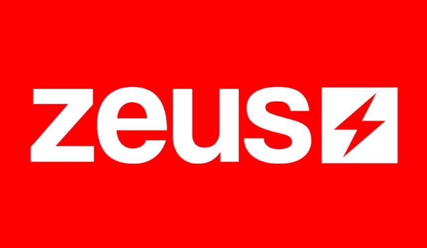 Logotipo da rede Zeus, um raio vermelho e branco.