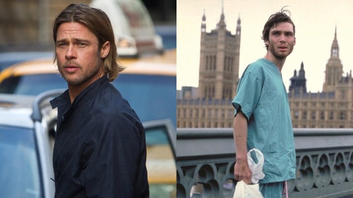 On the left, Brad Pitt stares in fear. On the right, Cillian Murphy stands alone in a deserted London.