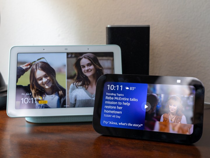 The Amazon Echo Show 5 in front of the Google Nest Hub, with its 7-inch screen.