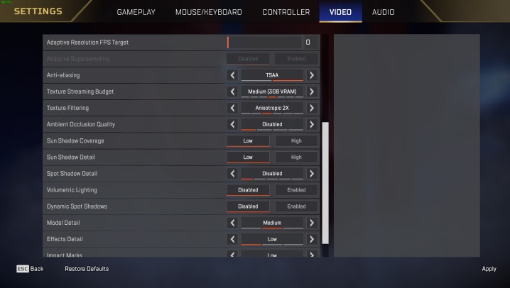 Apex Legends settings page.