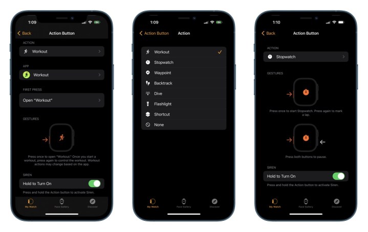 پیکربندی دکمه اکشن Apple Watch Ultra از طریق برنامه Watch در iOS.