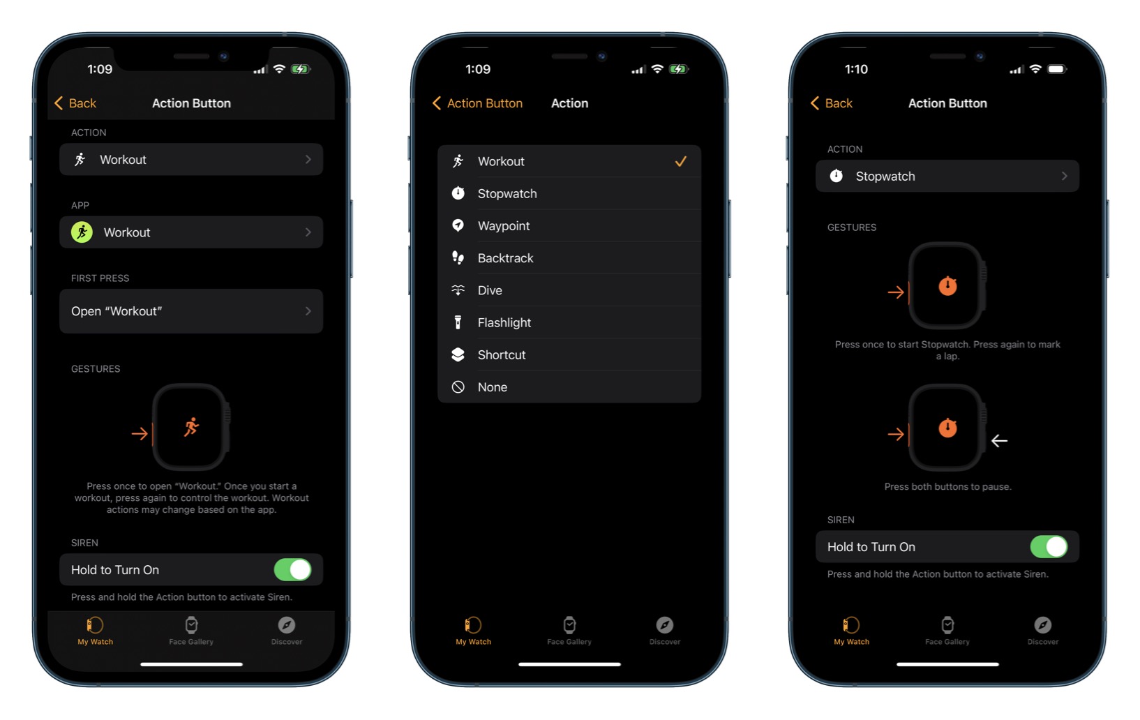 Configurando o botão de ação em um Apple Watch Ultra por meio do aplicativo Watch no iOS.