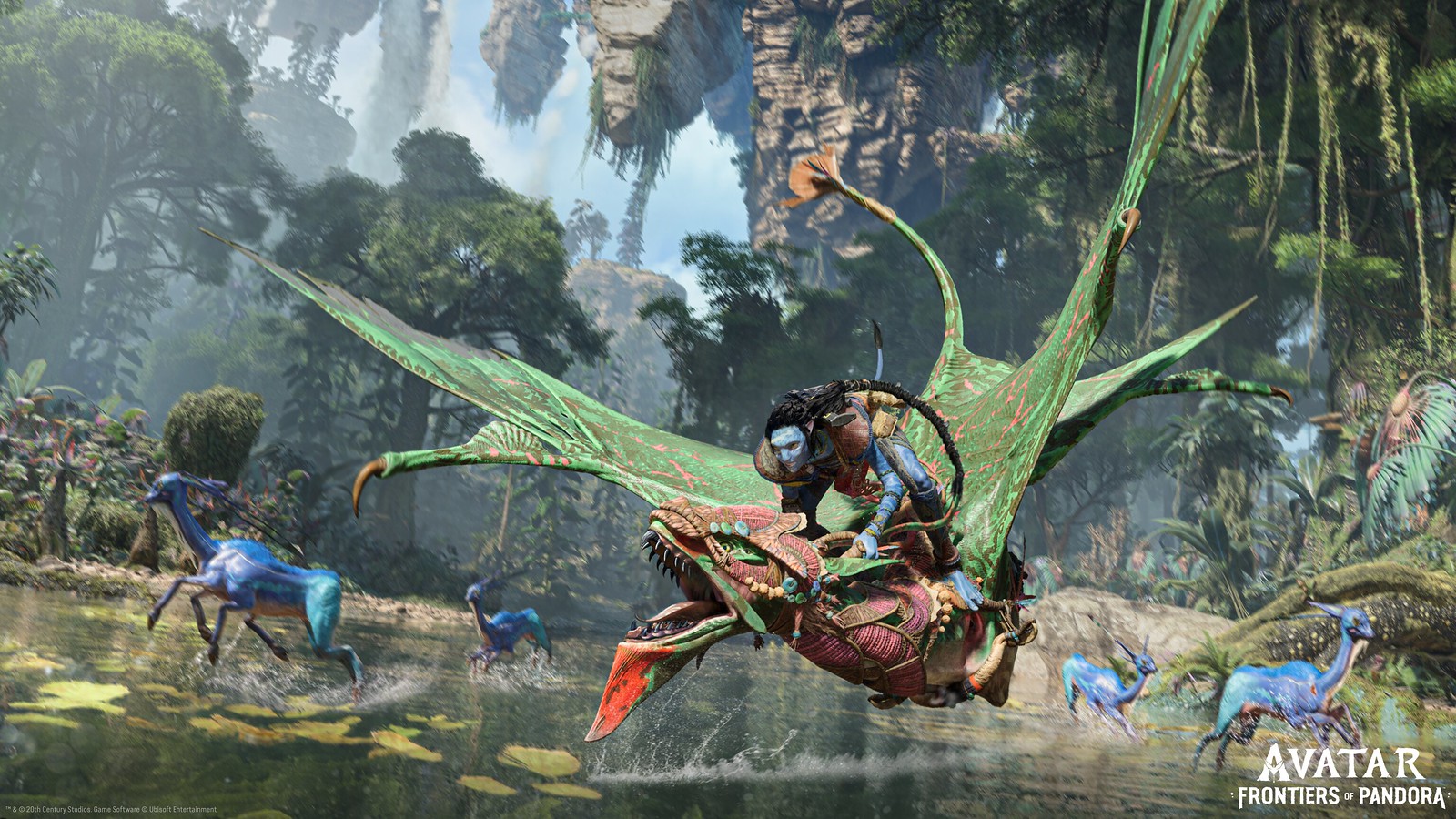 A Na'vi flies on an Ikron in Avatar: Frontiers of Pandora.