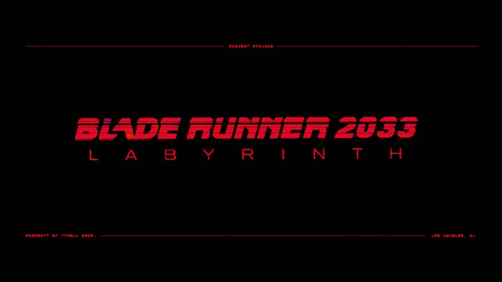 Un logotipo rojo para Blade Runner 2033: Laberinto aparece sobre un fondo negro.