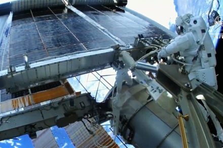 Astronauts install a fifth new solar array at the International Space Station
