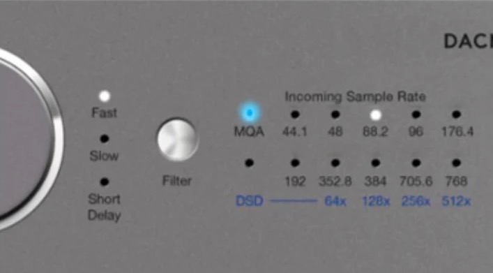 A Cambridge Audio Dacmagic 200 displaying an MQA blue indicator light.