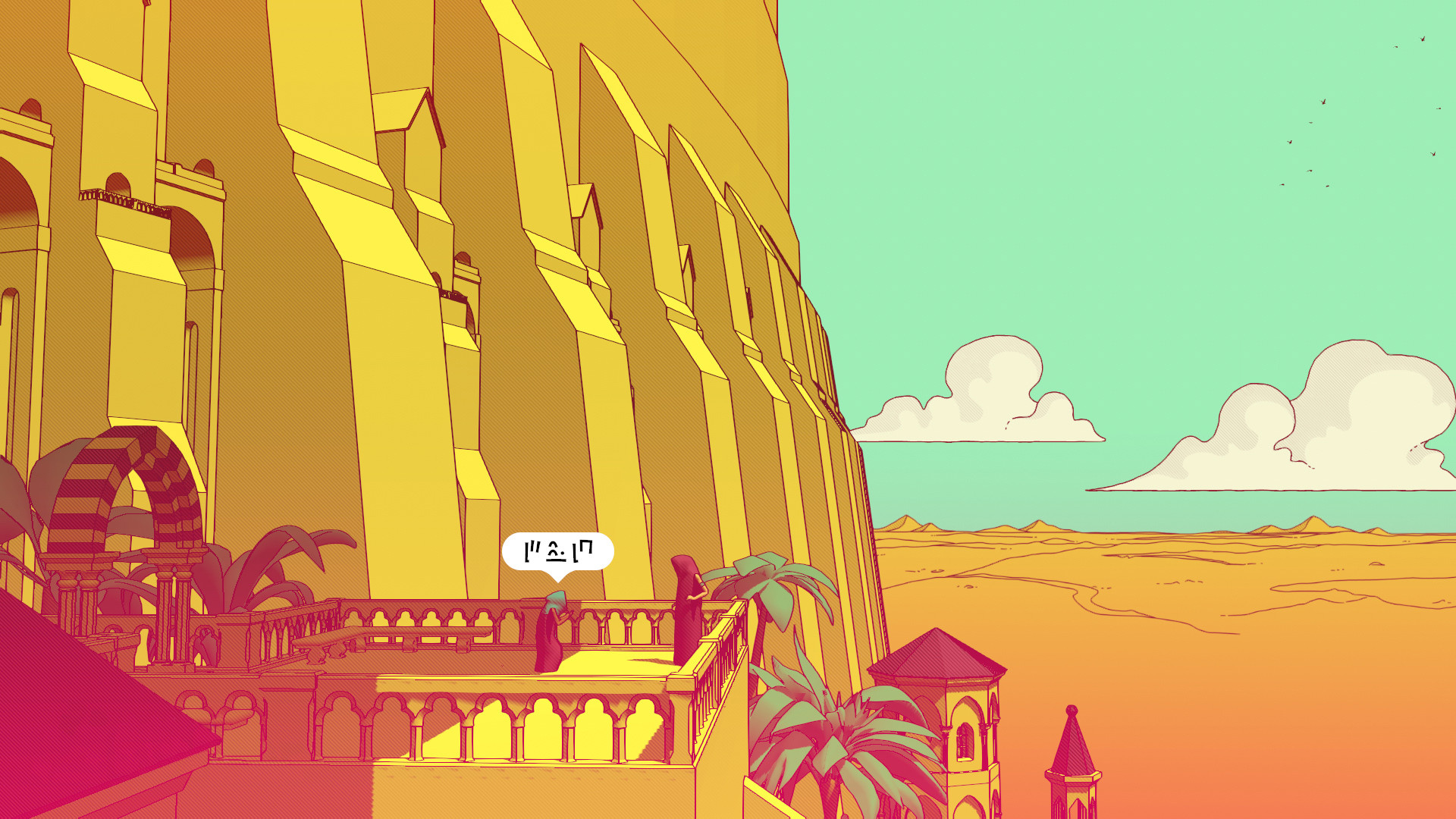 A character overlooks a desert in Chants of Sennaar.