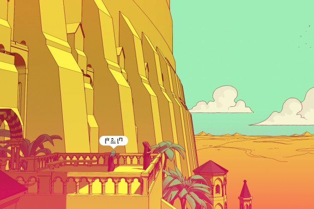 A character overlooks a desert in Chants of Sennaar.