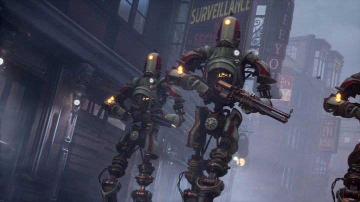 Robots patrol the streets in Clockwork Revolution.