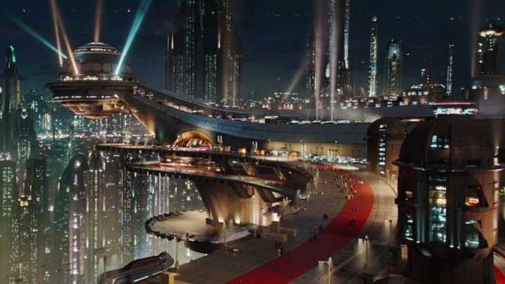 Coruscant's cityscape at night in Star Wars: Attack of the Clones.