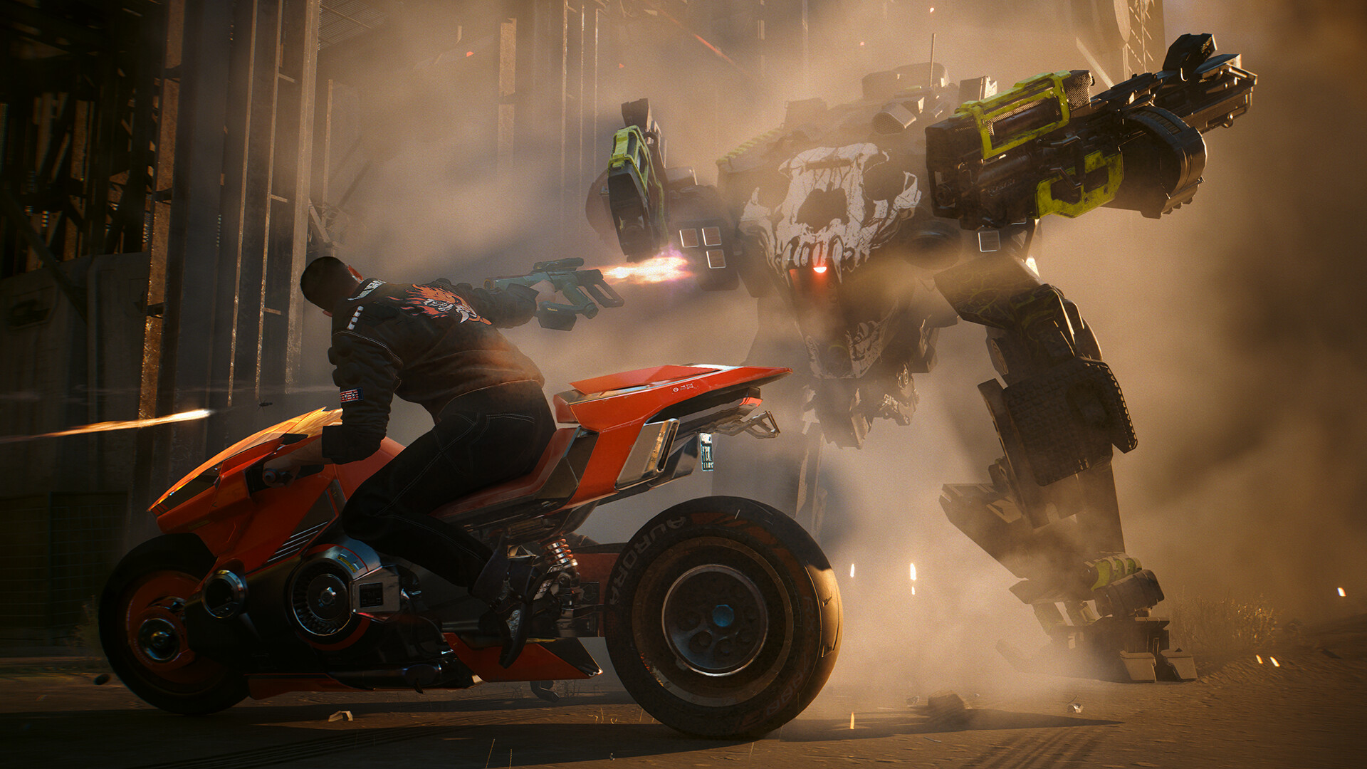 V monta una motocicleta mientras dispara a un mech en Cyberpunk 2077: Phantom Liberty.