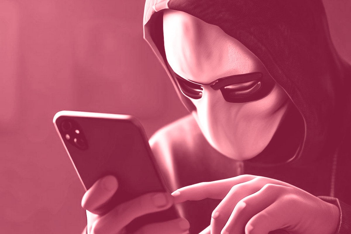 AI render of a masked person using a phone