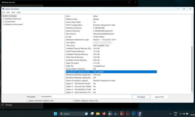 Highlighting VBS is disabled in Windows 11.