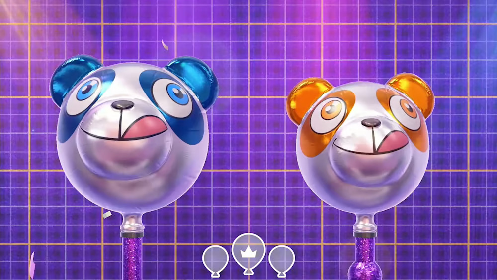 Dois balões de cabeça de panda são enchidos de ar em Everybody 1-2-Switch.