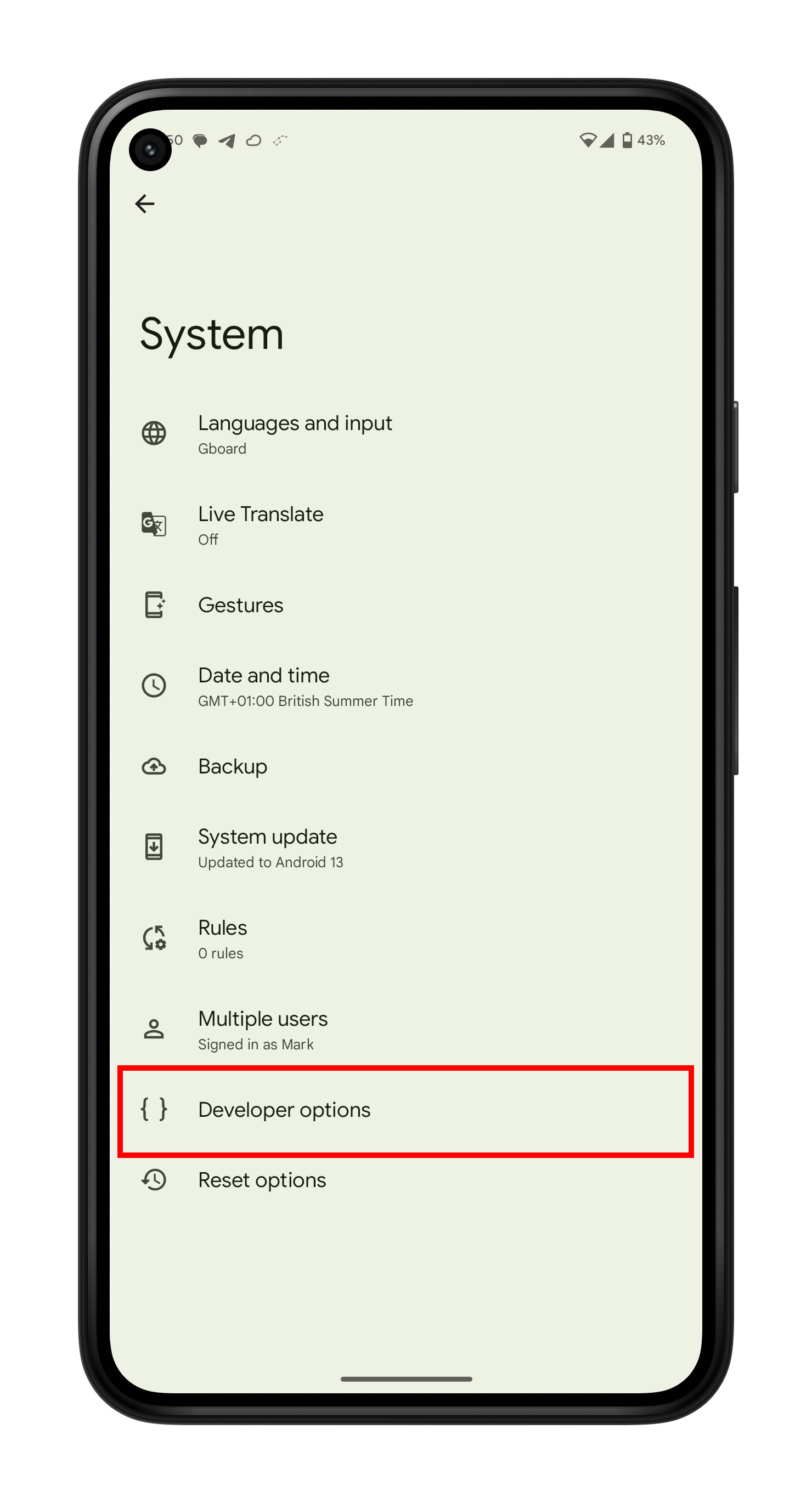 Opções do desenvolvedor no menu Configurações no Android 13.
