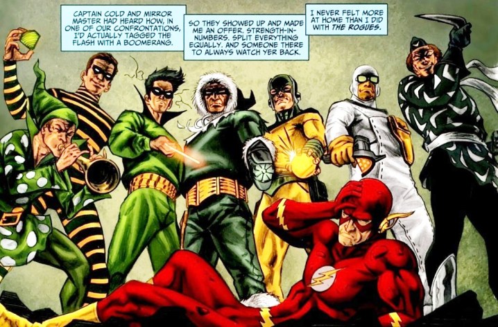 The Flash is surrounded by villains in a DC comic book.