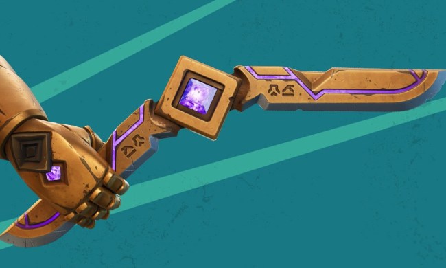 A hand holding the new Kinetic Boomerang weapon in a Fortnite key art release.