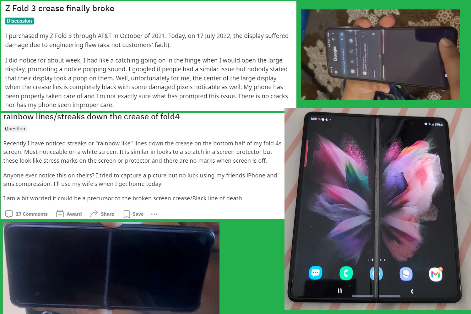 Images and posts depicting issues with Samsung foldable phones