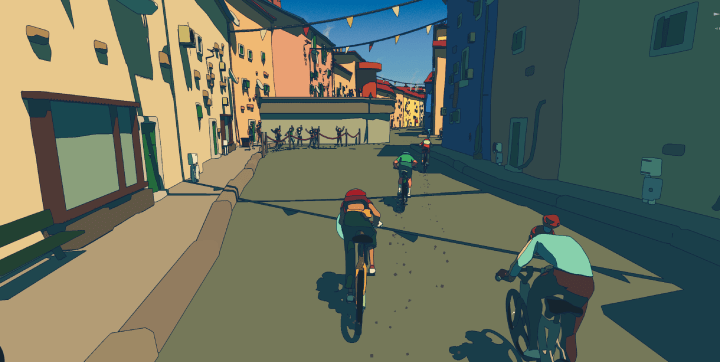 Bikers cycle through a town street in Ghost Bike.