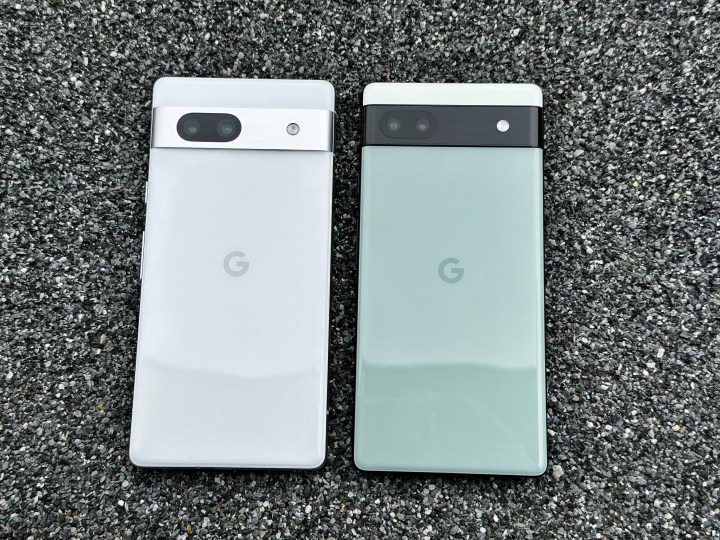 Sage green Pixel 6a and Snow Pixel 7a