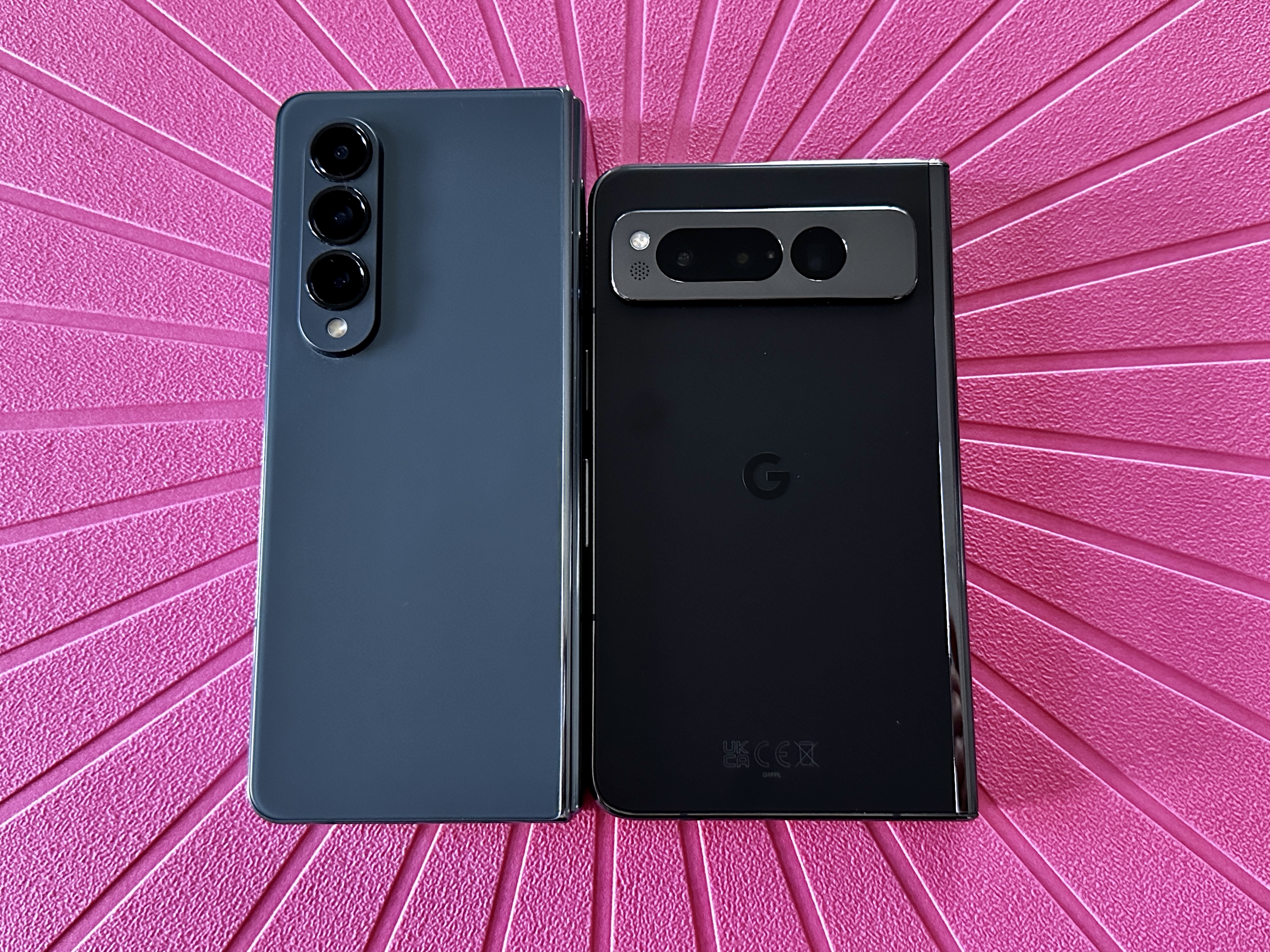 Google Pixel Fold in Obsidian side by side with Samsung Galaxy Z Fold 4.