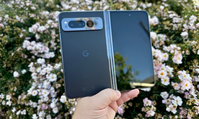 Google Pixel Fold in Obsidian open in hand showing exterior.