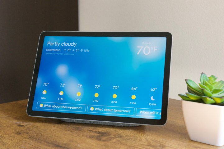 The Google Pixel Tablet showing current weather conditions.
