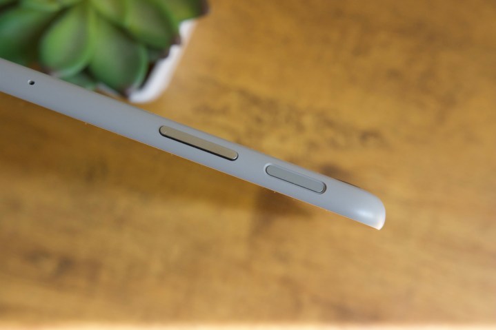 Volume rocker and power button on the Google Pixel Tablet.
