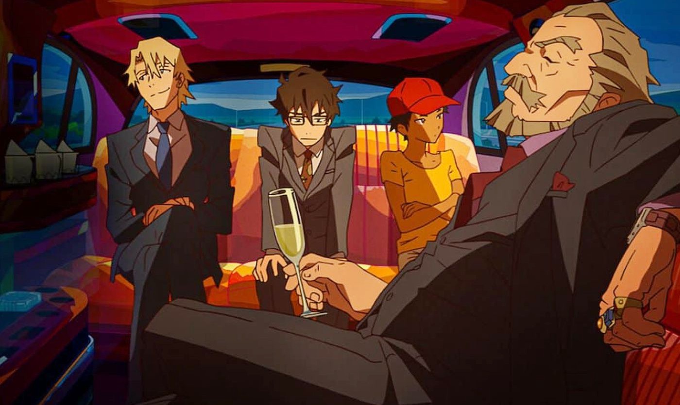 4 homens sentam-se em uma limusine em Great Pretender.
