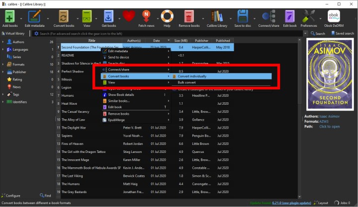Converting a single book in Calibre.