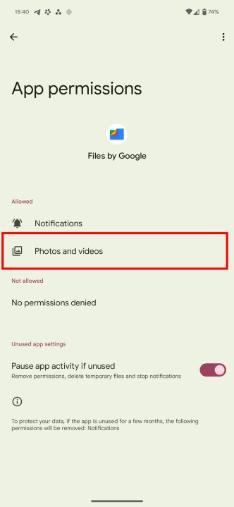 The correct permissions on in Files on Pixel.