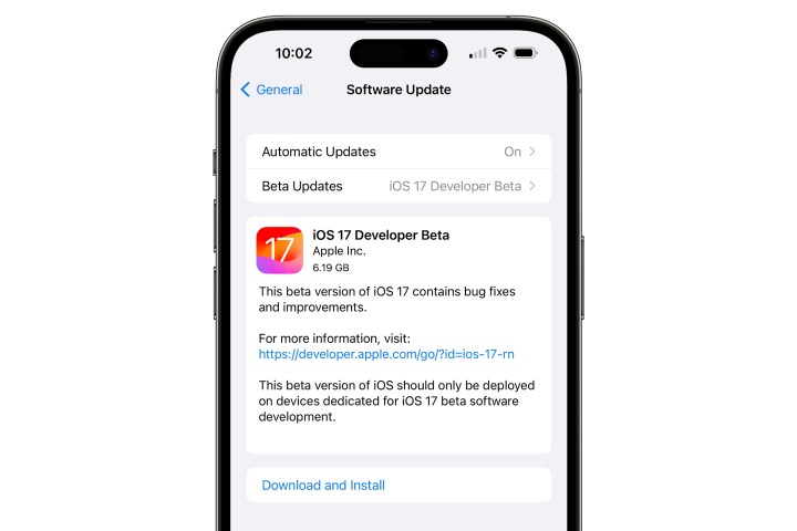 iPhone showing iOS 17 developer beta 1 download and install screen. 