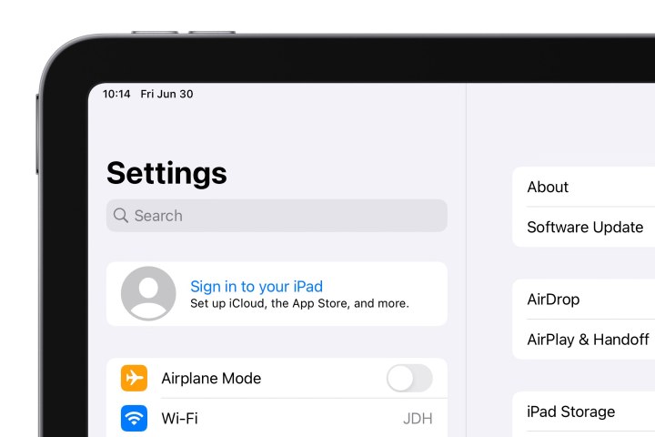 iPad mostrando o canto superior da tela de configurações sem nenhum usuário conectado ao iCloud.