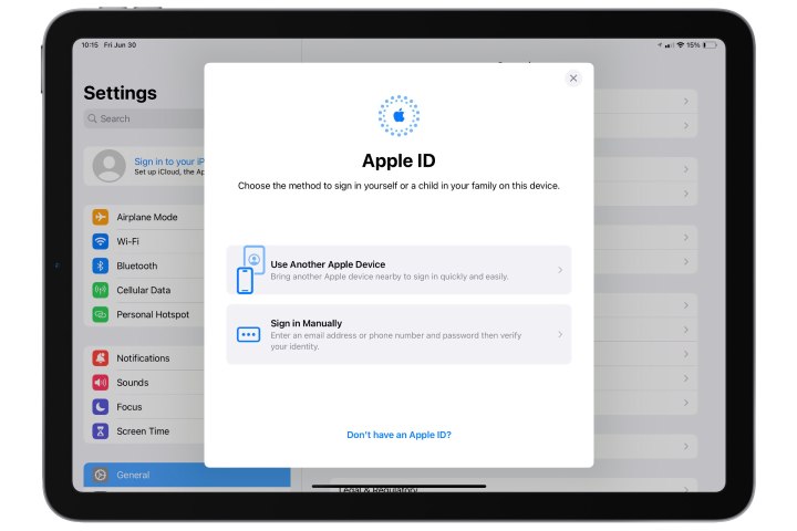iPad mostrando a tela Entrar no ID da Apple.