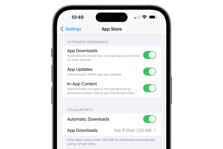 iPhone mostrando as configurações de download automático de aplicativos.