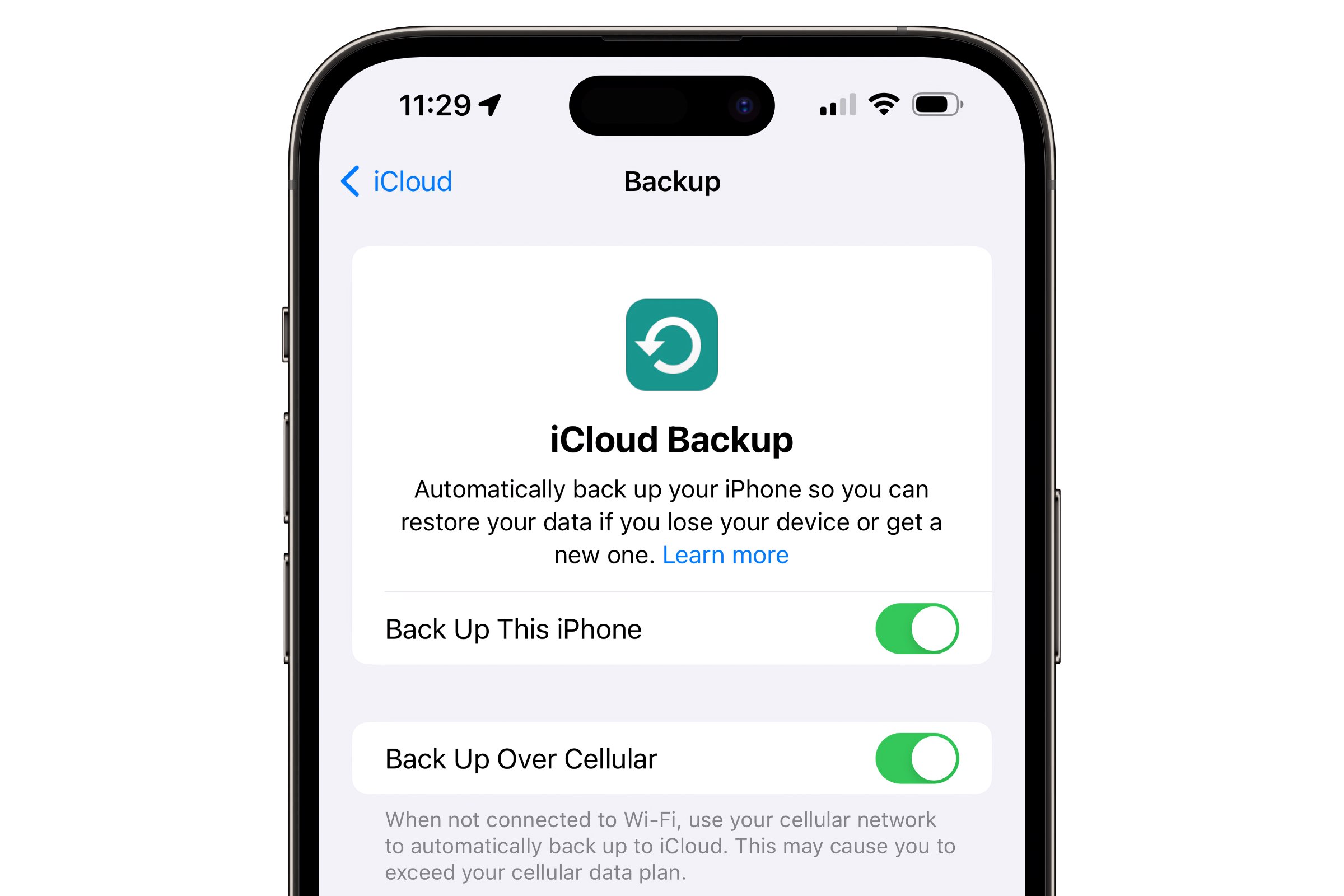 iPhone zeigt iCloud-Backup-Einstellungen an.