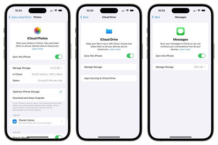 Três iPhones mostrando as configurações de sincronização do iCloud para Fotos, iCloud Drive e Mensagens.