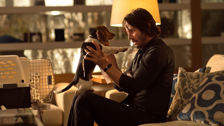 John Wick smiling and playing with his puppy in a scene from the original John Wick movie.