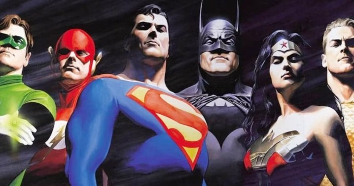 The Justice League stand tall in a DC comic book.