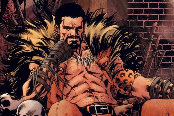 Kraven sits on a chair in a Marvel comic book.