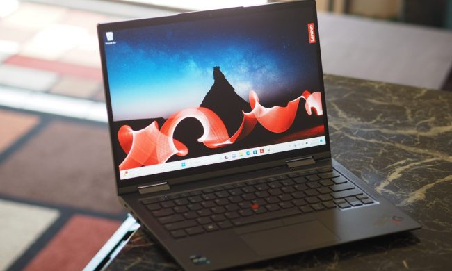 The Lenovo ThinkPad X1 Yoga Gen 8 viewed at an angle.