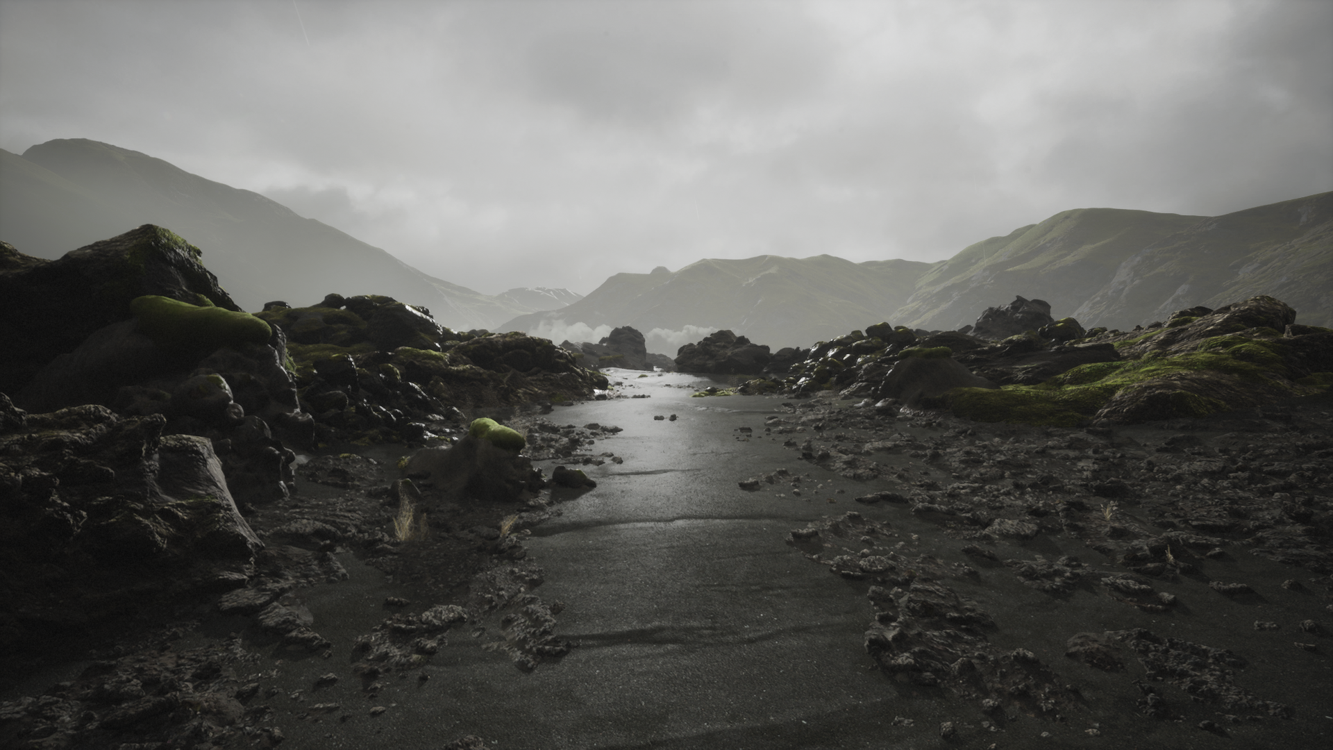 Uma paisagem rochosa aparece no Lushfoil Photography Sim.