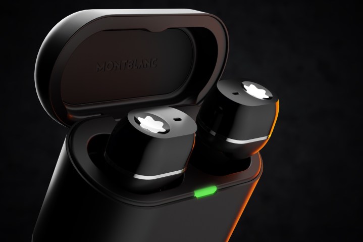 Montblanc MTB 03 wireless earbuds inside charging case.